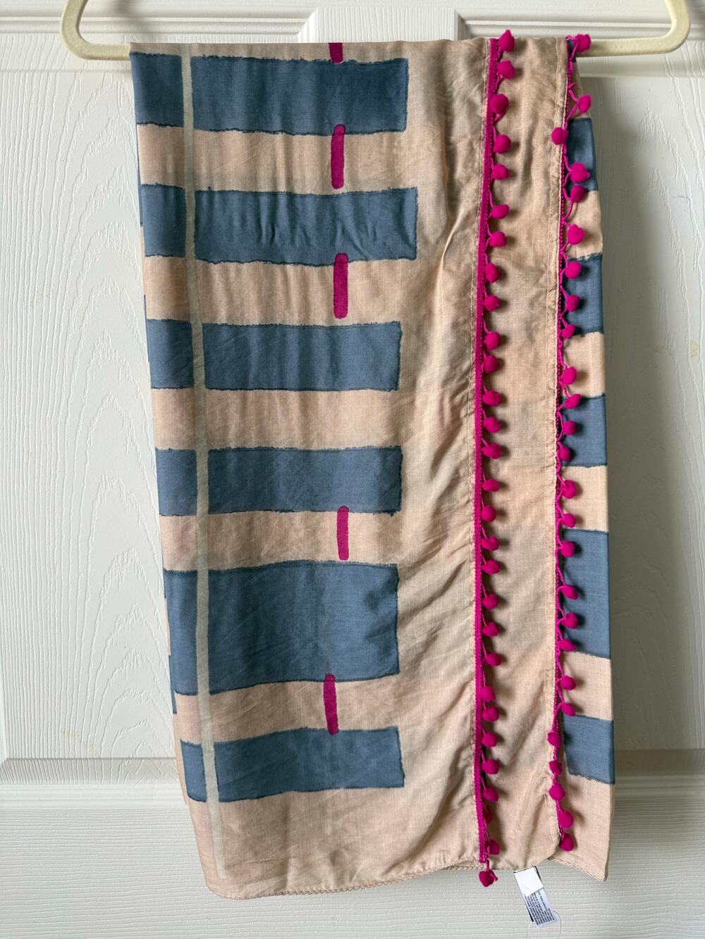 Gap NWT Tan Blue Geometric Scarf Wrap Pom Trim Cotton Blend Statement Festival